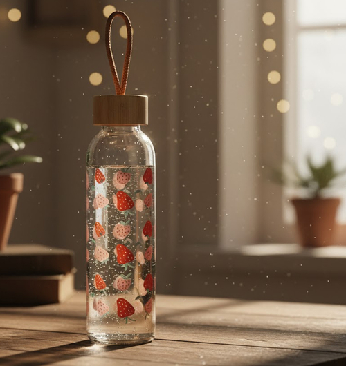 Glass Strawberry-print Bottle