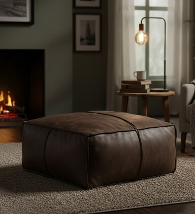 Home Deco and More Elmer Suede Leather Square Pouf, Olive, Packshot View