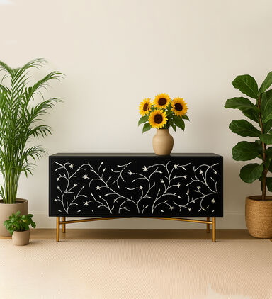 Home Deco and More Flora Mango Wood Iron Buffet Brass Stand, Packshot View