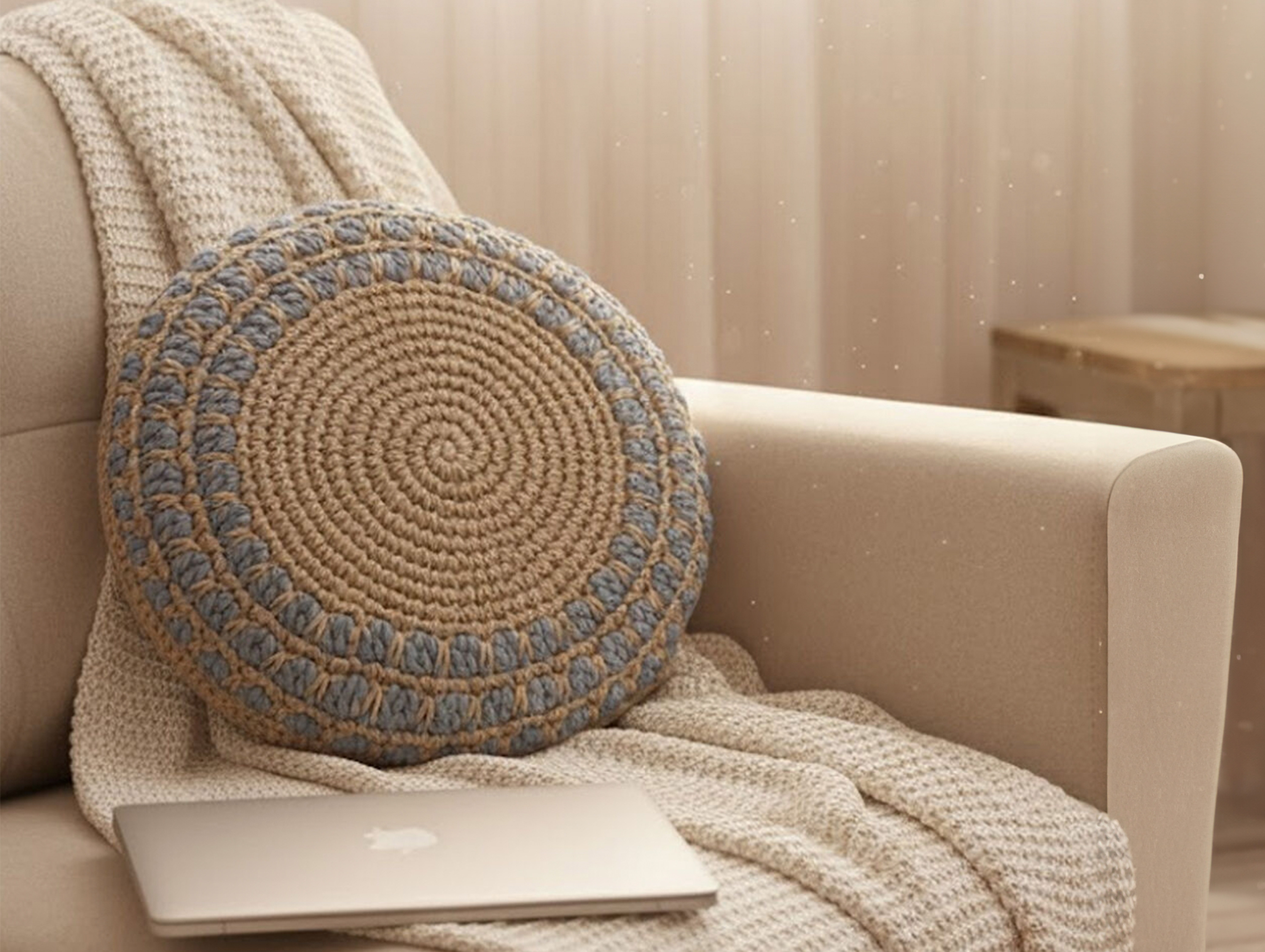 Neutral sofa styled with a round woven cushion and soft throw in a cozy living space.