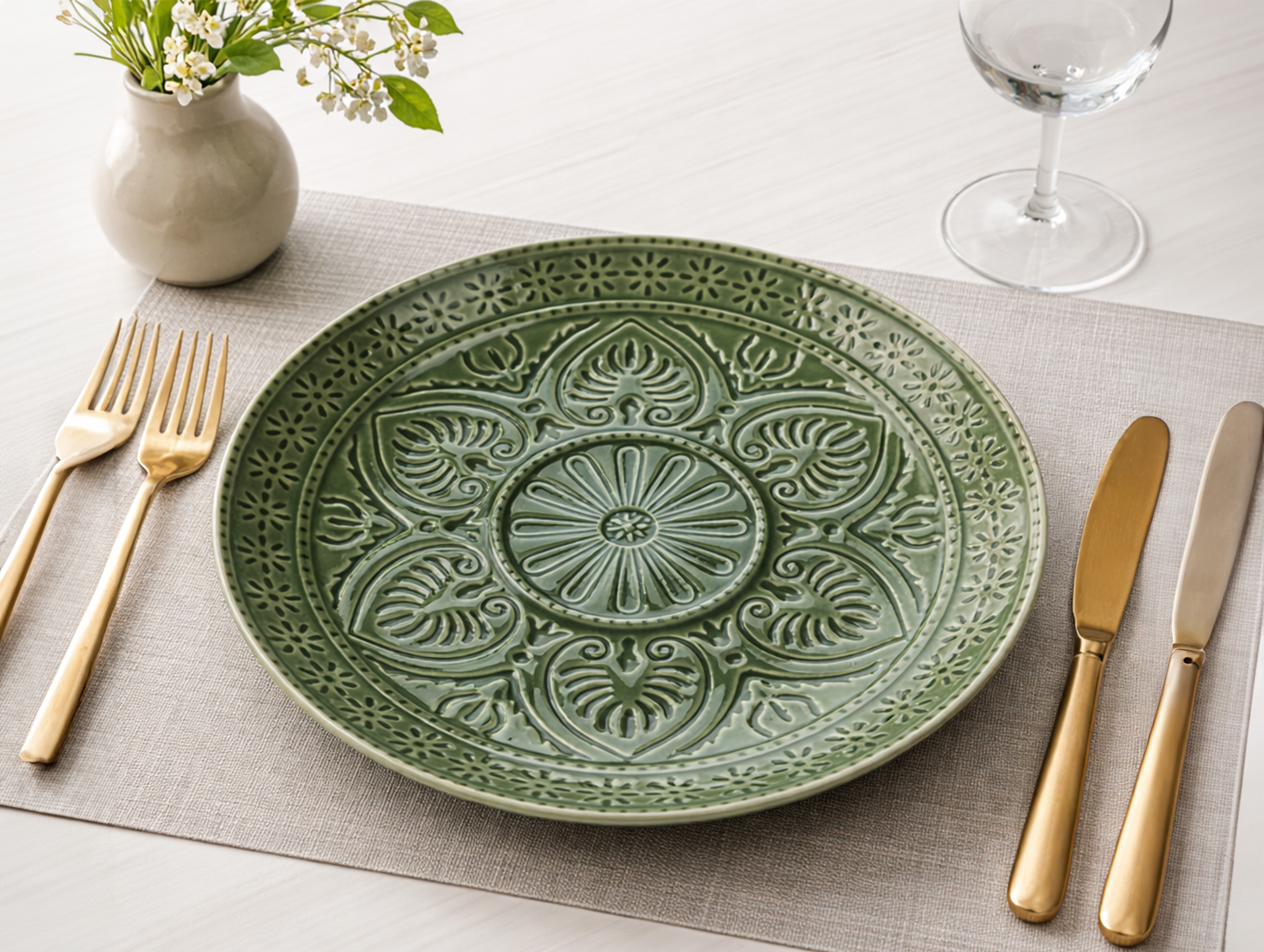 Decorative ceramic plate styled with cutlery for an elegant table setting.