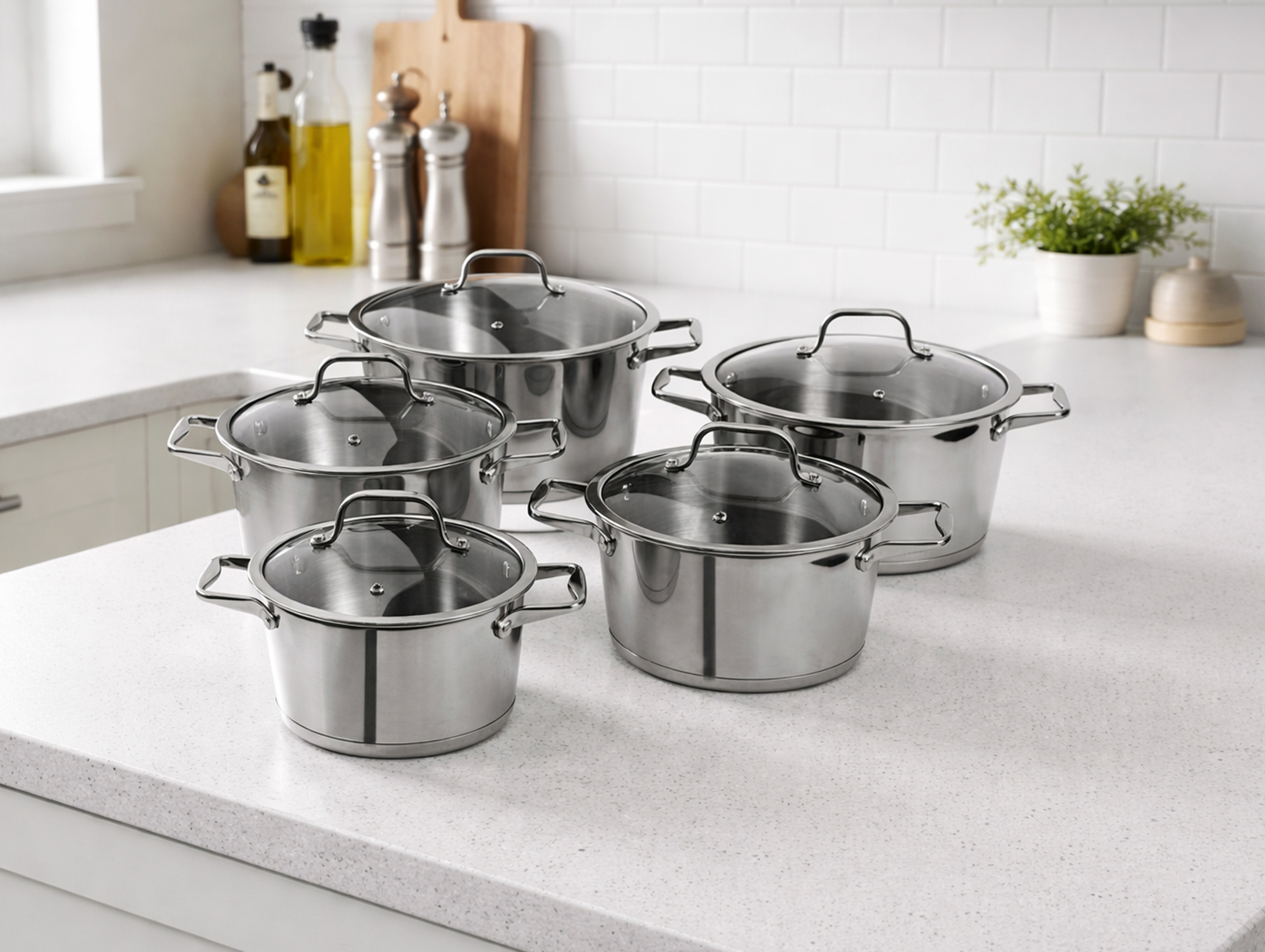 Stainless steel cookware set styled on a modern kitchen countertop.